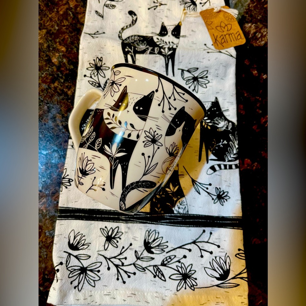 Black and white cat mug and dish towel set